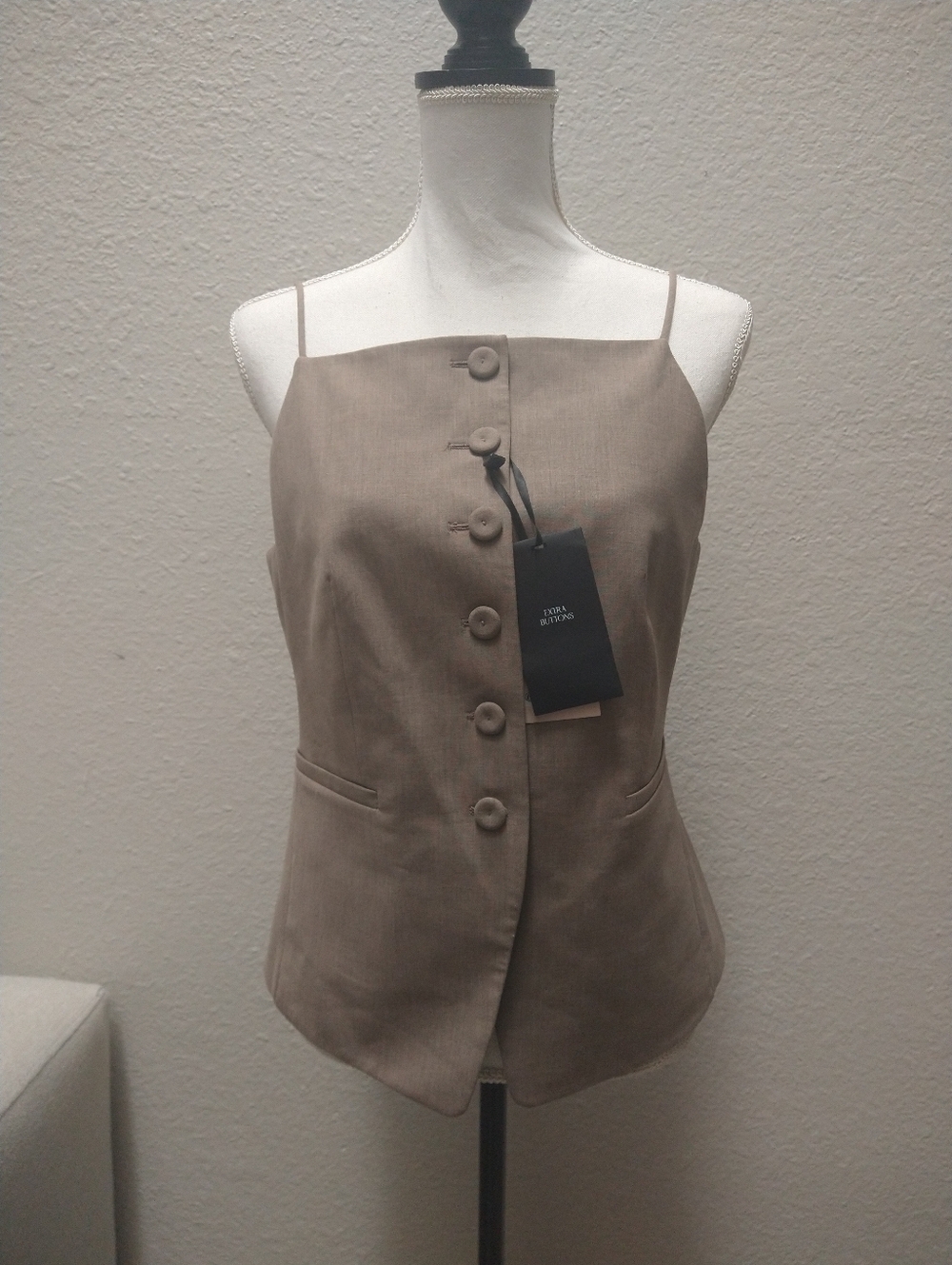 Mango Tan Button-Front Spaghetti Strap Top - Picture 7 of 9